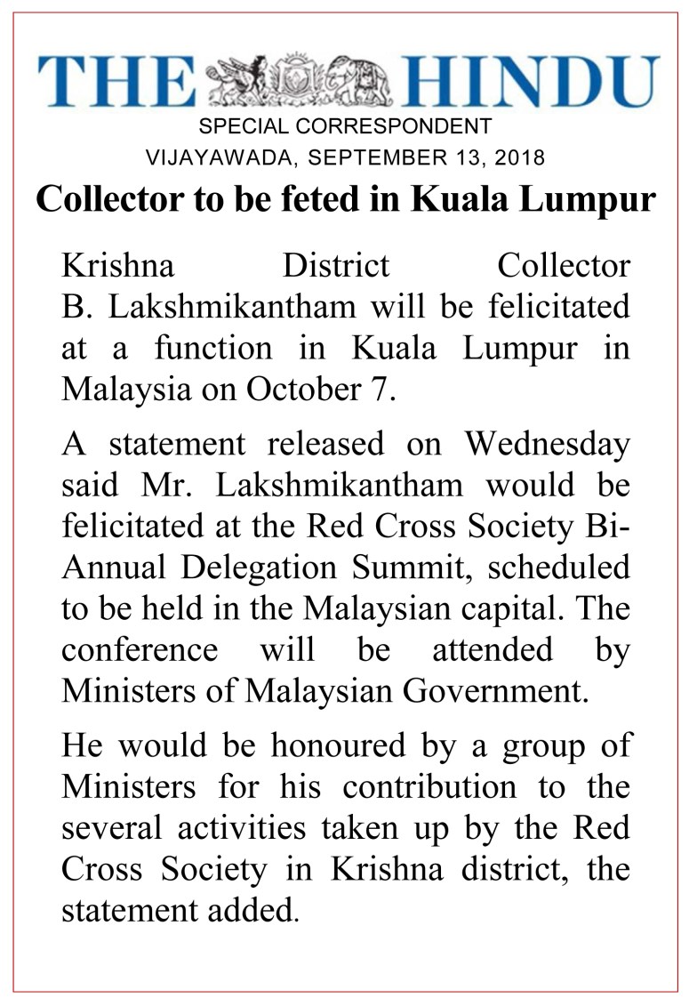 Collector Feted in Malaysia News Clip The Hindu 13-Sep-2018.jpg