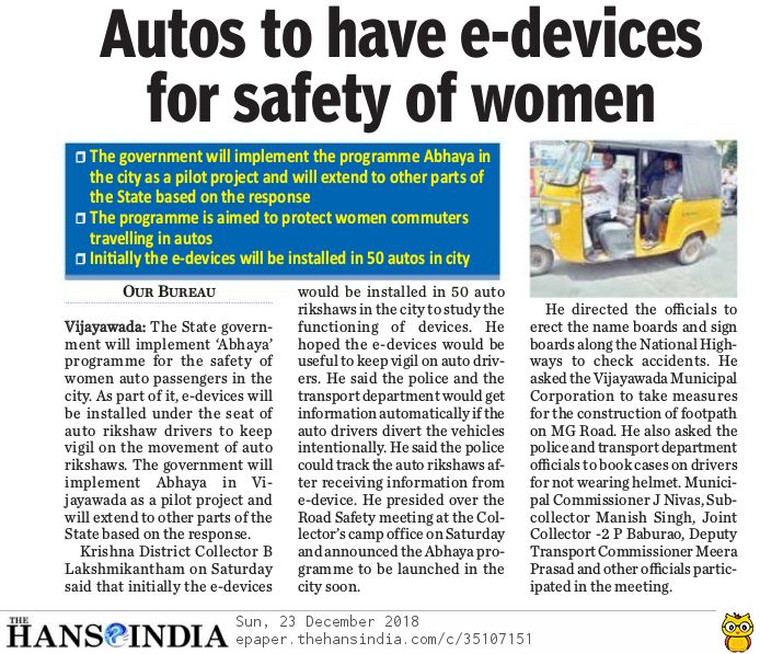 Road Safety Autos to have e-devices The Hans India 23-12-2018