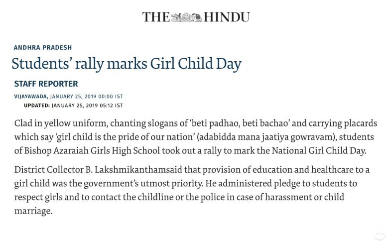beti padhao-beti bachao the hindu 25-01-2019